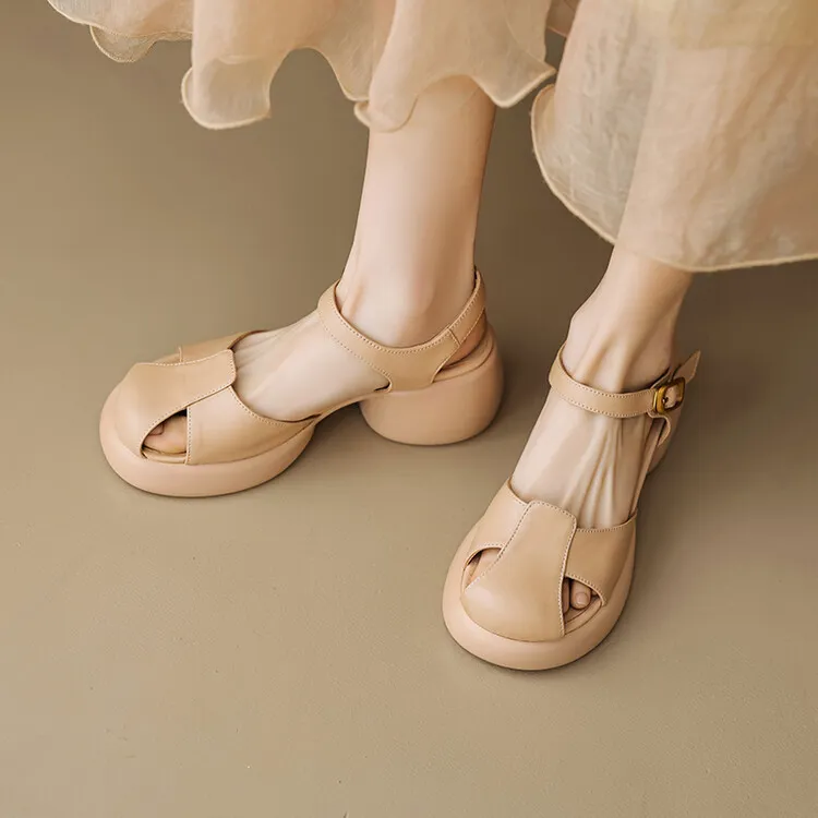 Women's Summer Pig Cage Shoes Thick-Soled Hollow-Out Closed-Toe Sandals Sheepskin Chunky Heel High Heels 4-16q