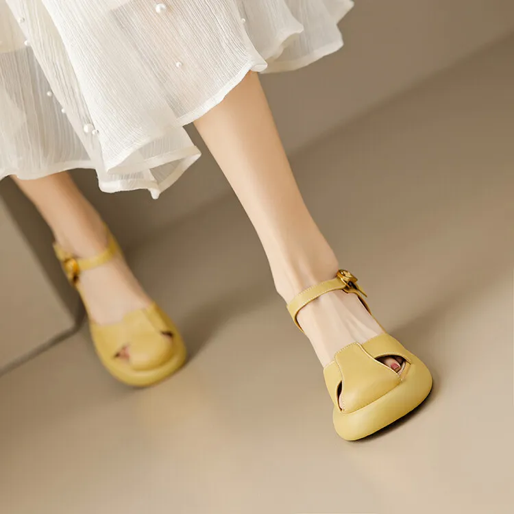 Women's Summer Pig Cage Shoes Thick-Soled Hollow-Out Closed-Toe Sandals Sheepskin Chunky Heel High Heels 4-16q