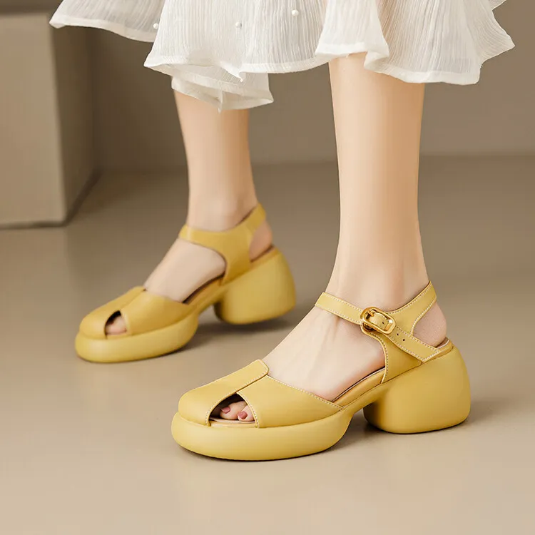 Women's Summer Pig Cage Shoes Thick-Soled Hollow-Out Closed-Toe Sandals Sheepskin Chunky Heel High Heels 4-16q