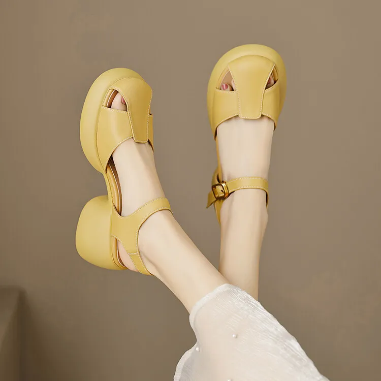 Women's Summer Pig Cage Shoes Thick-Soled Hollow-Out Closed-Toe Sandals Sheepskin Chunky Heel High Heels 4-16q