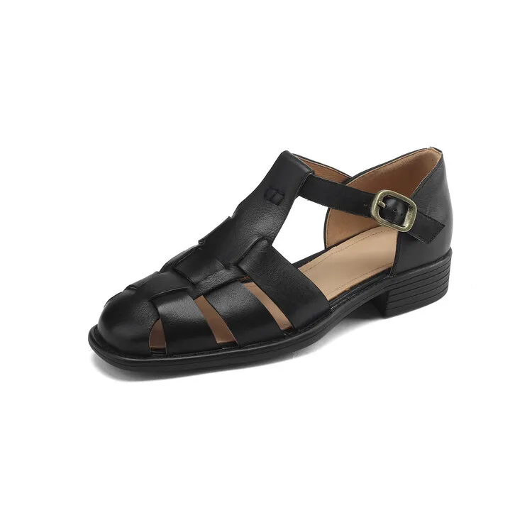 Women's Brown Woven Hollow-Out Flat Roman Sandals in Top-Grain Leather (4-20h)