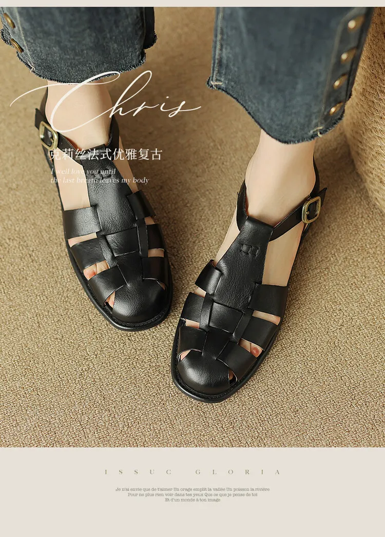 Women's Brown Woven Hollow-Out Flat Roman Sandals in Top-Grain Leather (4-20h)