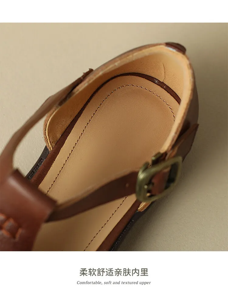 Women's Brown Woven Hollow-Out Flat Roman Sandals in Top-Grain Leather (4-20h)