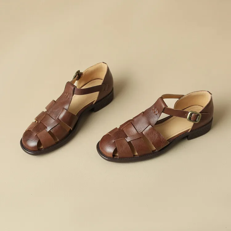 Women's Brown Woven Hollow-Out Flat Roman Sandals in Top-Grain Leather (4-20h)