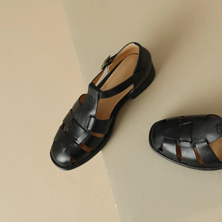 Women's Brown Woven Hollow-Out Flat Roman Sandals in Top-Grain Leather (4-20h)