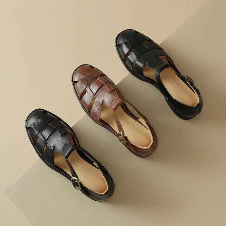 Women's Brown Woven Hollow-Out Flat Roman Sandals in Top-Grain Leather (4-20h)