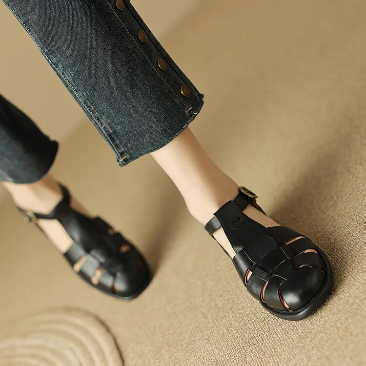 Women's Brown Woven Hollow-Out Flat Roman Sandals in Top-Grain Leather (4-20h)