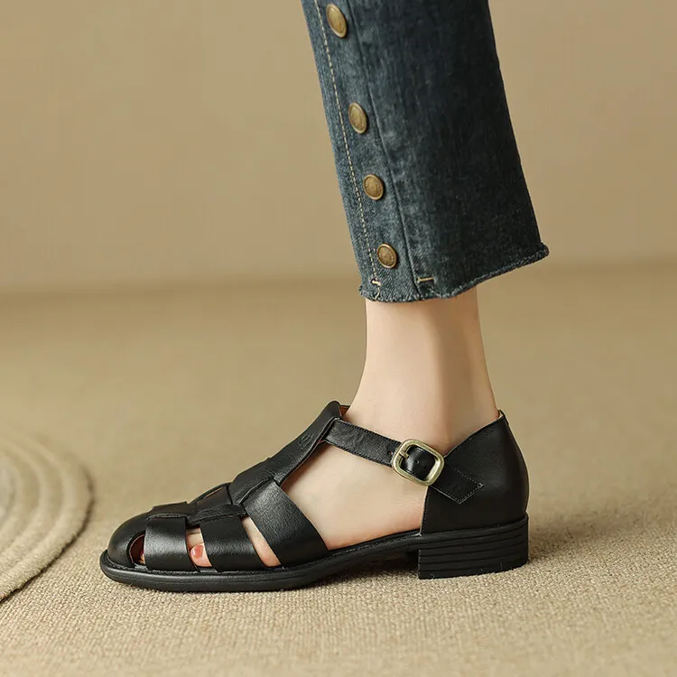 Women's Brown Woven Hollow-Out Flat Roman Sandals in Top-Grain Leather (4-20h)