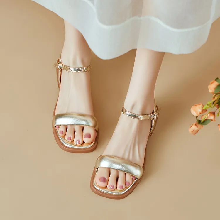 Handmade cowhide silver summer sandals, low heel, flat, square toe, open toe, simple and elegant sandals, size 4-20L