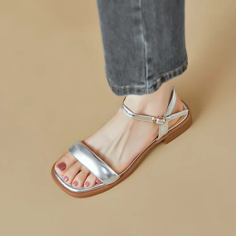Handmade cowhide silver summer sandals, low heel, flat, square toe, open toe, simple and elegant sandals, size 4-20L