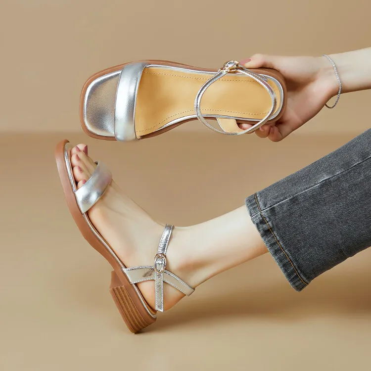 Handmade cowhide silver summer sandals, low heel, flat, square toe, open toe, simple and elegant sandals, size 4-20L