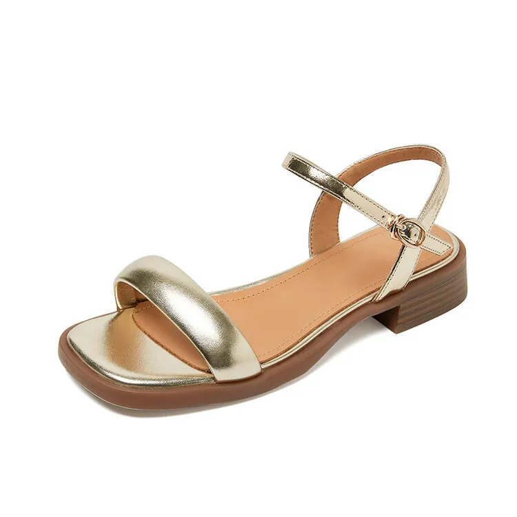 Handmade cowhide silver summer sandals, low heel, flat, square toe, open toe, simple and elegant sandals, size 4-20L