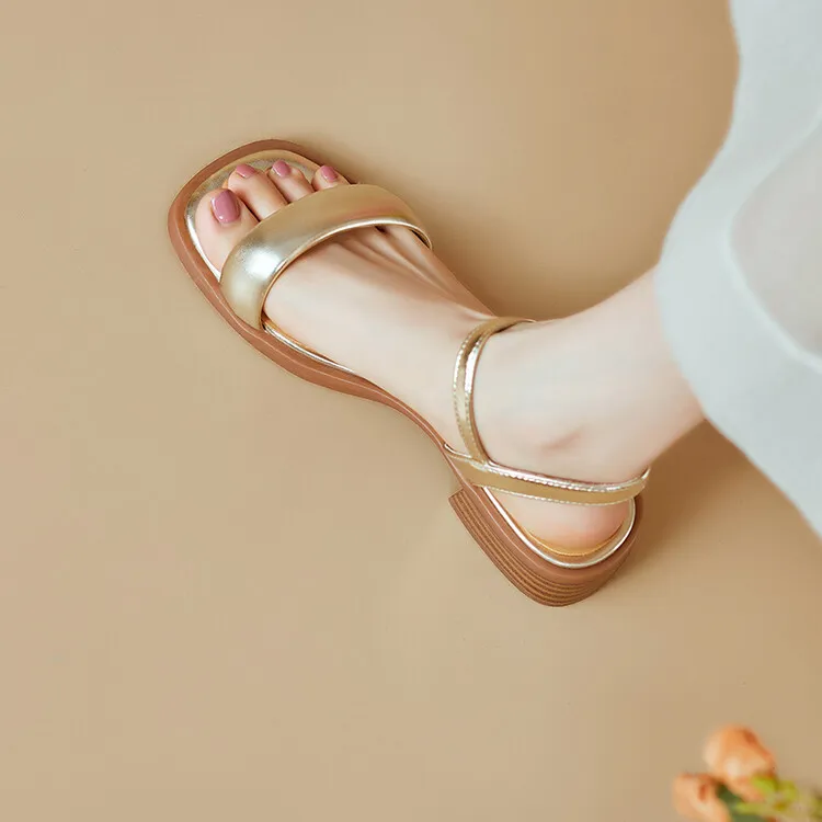 Handmade cowhide silver summer sandals, low heel, flat, square toe, open toe, simple and elegant sandals, size 4-20L