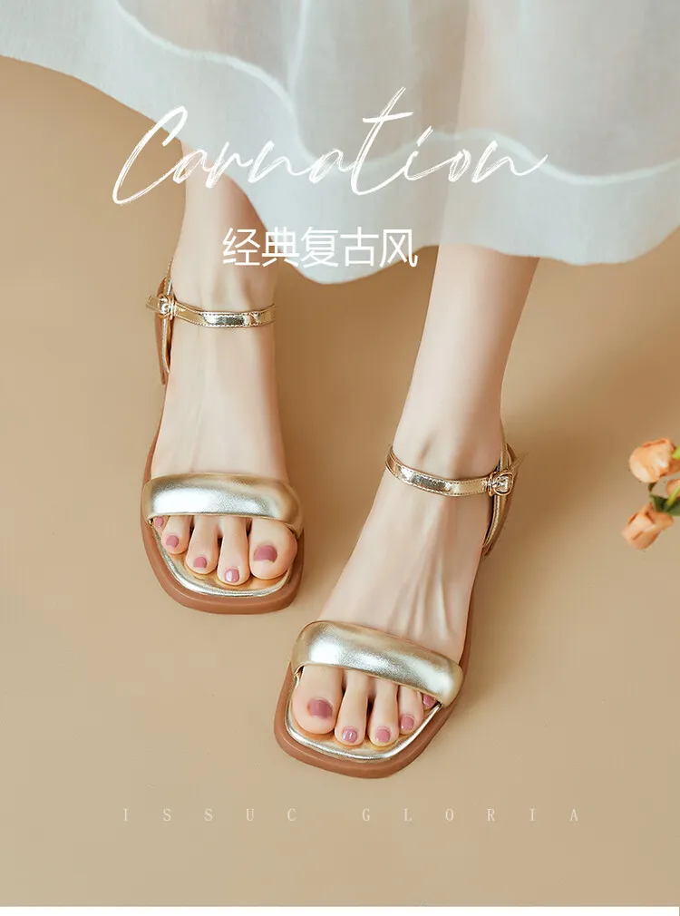 Handmade cowhide silver summer sandals, low heel, flat, square toe, open toe, simple and elegant sandals, size 4-20L