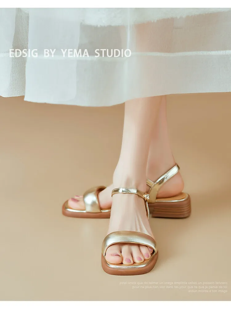 Handmade cowhide silver summer sandals, low heel, flat, square toe, open toe, simple and elegant sandals, size 4-20L