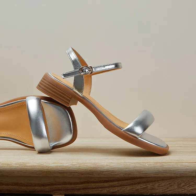 Handmade cowhide silver summer sandals, low heel, flat, square toe, open toe, simple and elegant sandals, size 4-20L