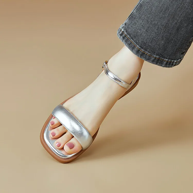 Handmade cowhide silver summer sandals, low heel, flat, square toe, open toe, simple and elegant sandals, size 4-20L