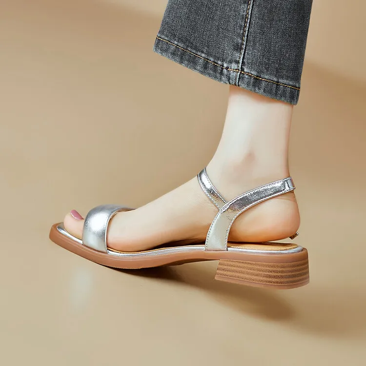 Handmade cowhide silver summer sandals, low heel, flat, square toe, open toe, simple and elegant sandals, size 4-20L