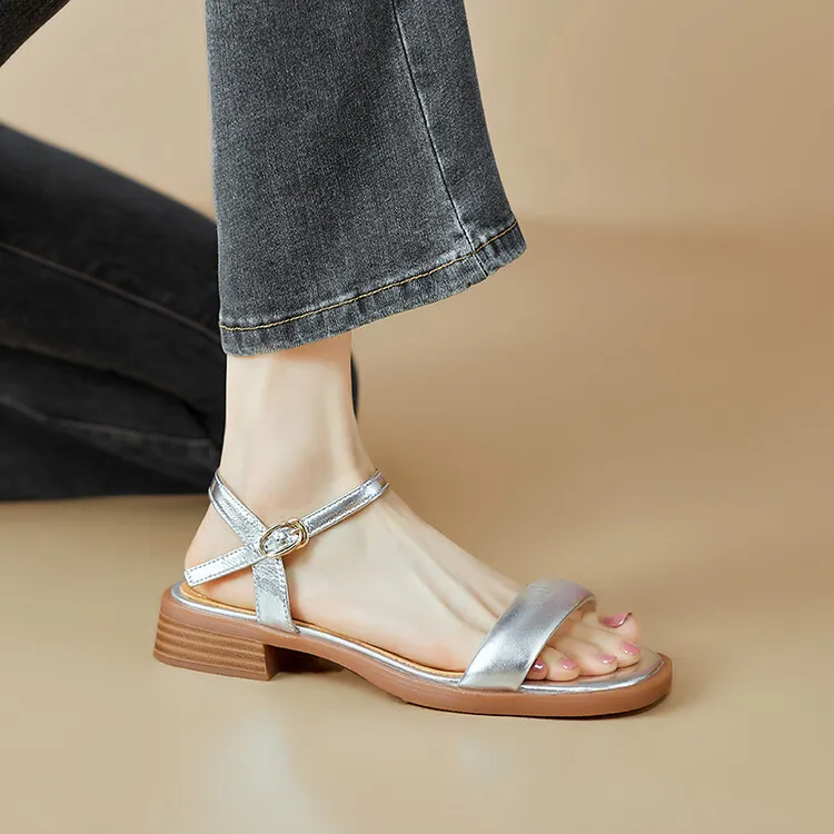Handmade cowhide silver summer sandals, low heel, flat, square toe, open toe, simple and elegant sandals, size 4-20L