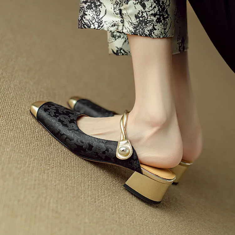 Summer women's slippers with a traditional Chinese style, featuring a hidden heel, one strap, and pearl color blocking.