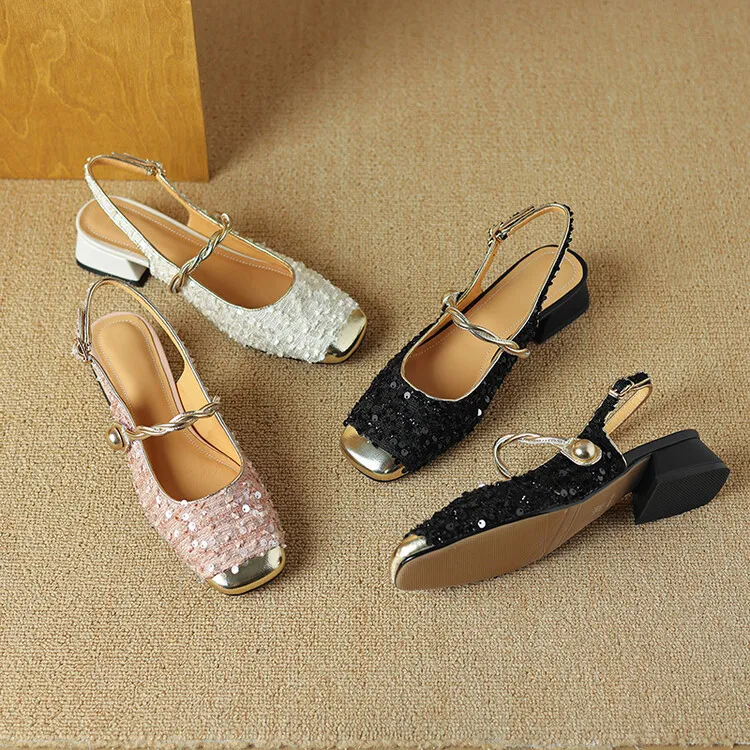 Square-toe chunky heel low-heel closed-toe patchwork sandals French sequin Mary Jane backless fashion women's shoes 4-20r