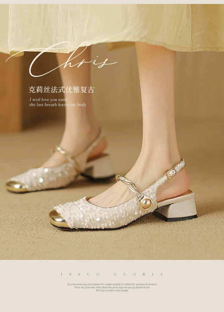 Square-toe chunky heel low-heel closed-toe patchwork sandals French sequin Mary Jane backless fashion women's shoes 4-20r