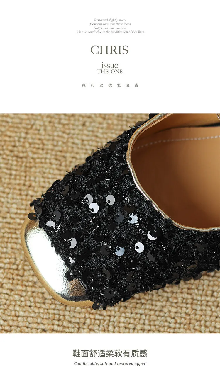 Square-toe chunky heel low-heel closed-toe patchwork sandals French sequin Mary Jane backless fashion women's shoes 4-20r