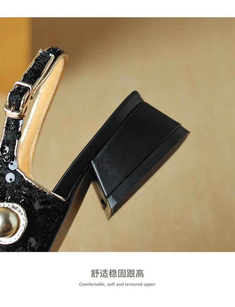 Square-toe chunky heel low-heel closed-toe patchwork sandals French sequin Mary Jane backless fashion women's shoes 4-20r