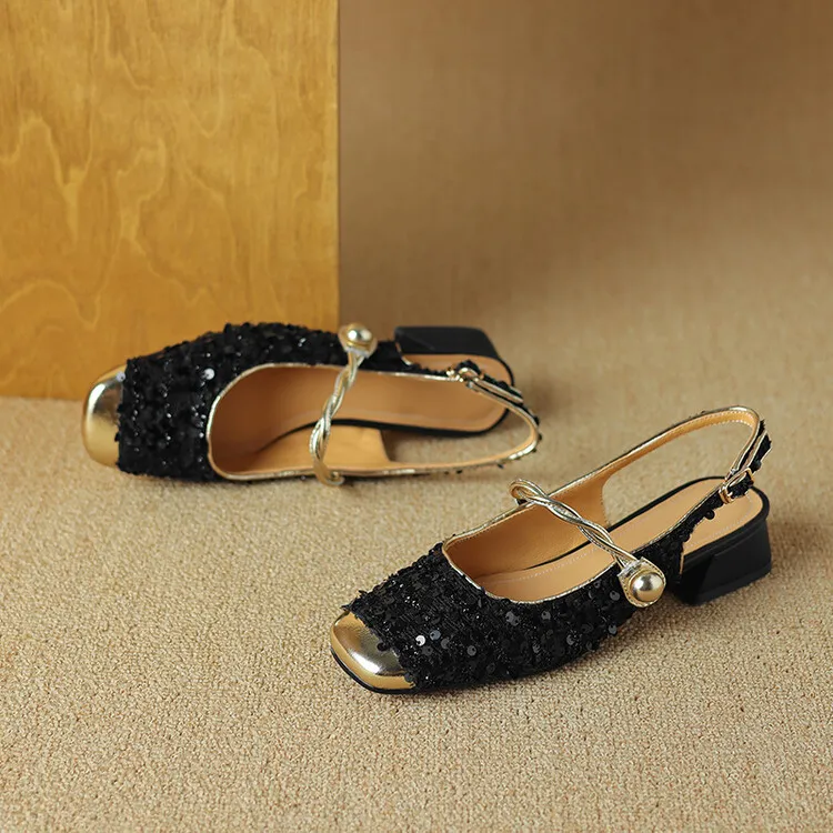 Square-toe chunky heel low-heel closed-toe patchwork sandals French sequin Mary Jane backless fashion women's shoes 4-20r