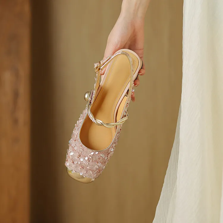 Square-toe chunky heel low-heel closed-toe patchwork sandals French sequin Mary Jane backless fashion women's shoes 4-20r