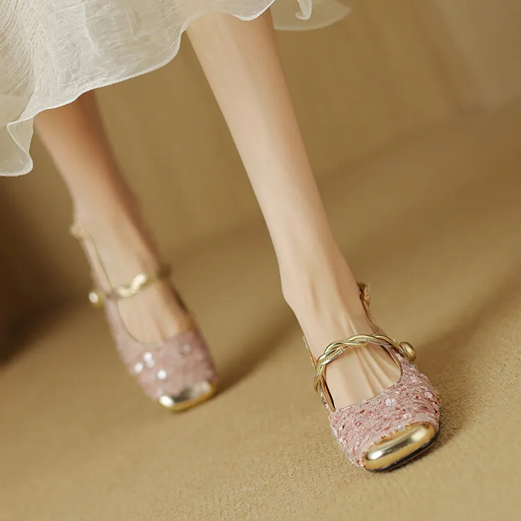 Square-toe chunky heel low-heel closed-toe patchwork sandals French sequin Mary Jane backless fashion women's shoes 4-20r