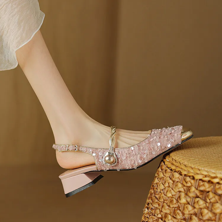 Square-toe chunky heel low-heel closed-toe patchwork sandals French sequin Mary Jane backless fashion women's shoes 4-20r