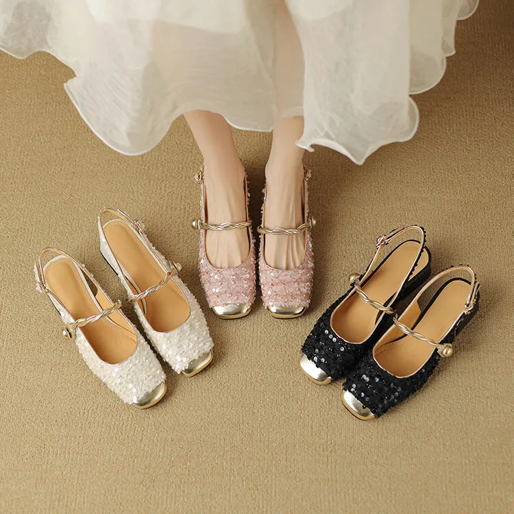 Square-toe chunky heel low-heel closed-toe patchwork sandals French sequin Mary Jane backless fashion women's shoes 4-20r