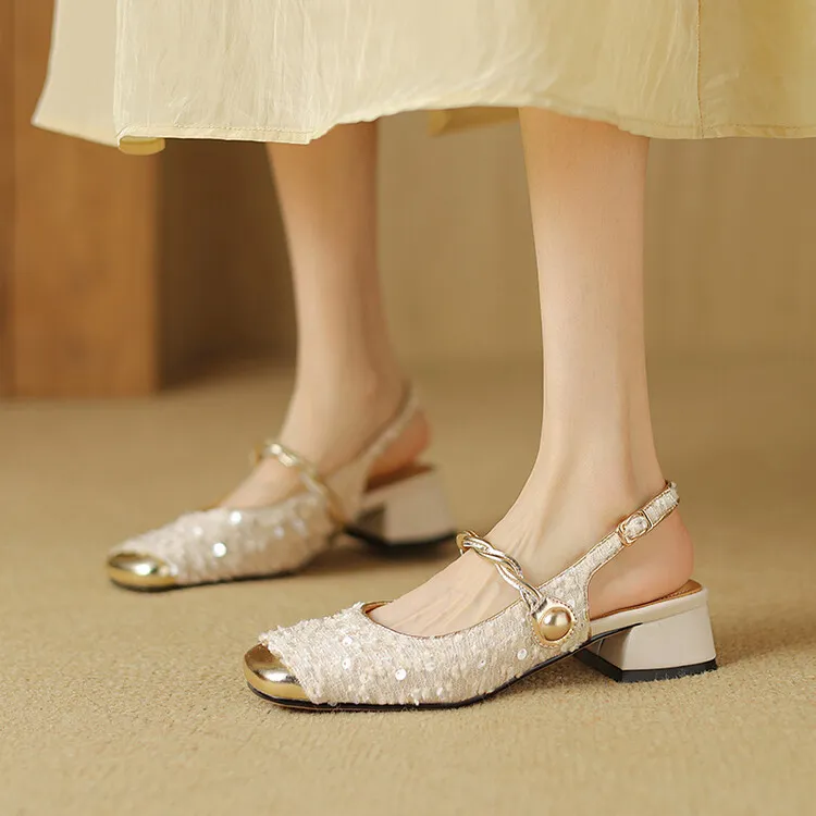 Square-toe chunky heel low-heel closed-toe patchwork sandals French sequin Mary Jane backless fashion women's shoes 4-20r