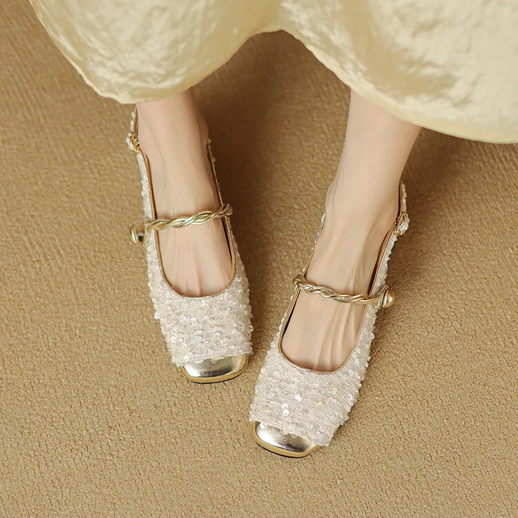 Square-toe chunky heel low-heel closed-toe patchwork sandals French sequin Mary Jane backless fashion women's shoes 4-20r