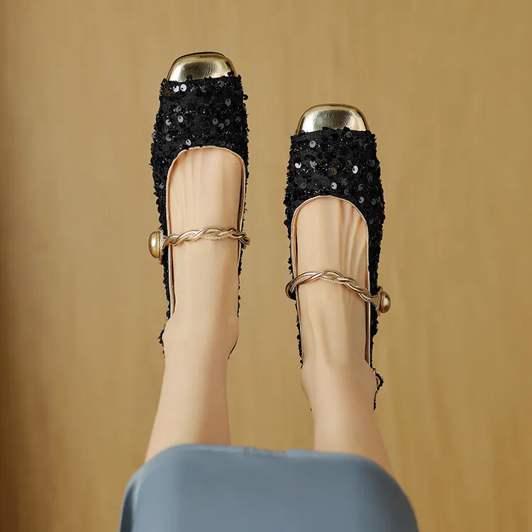 Square-toe chunky heel low-heel closed-toe patchwork sandals French sequin Mary Jane backless fashion women's shoes 4-20r