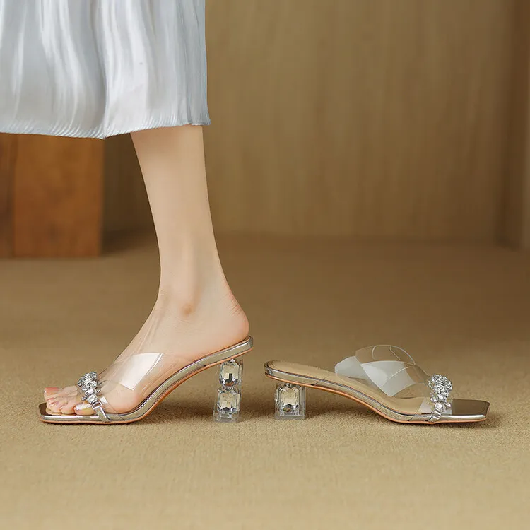 Summer rhinestone chunky heel square toe open-toe crystal sandals, mid-high heeled slippers for women.