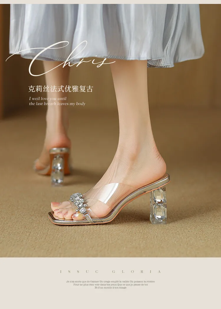 Summer rhinestone chunky heel square toe open-toe crystal sandals, mid-high heeled slippers for women.