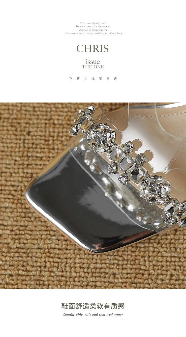 Summer rhinestone chunky heel square toe open-toe crystal sandals, mid-high heeled slippers for women.