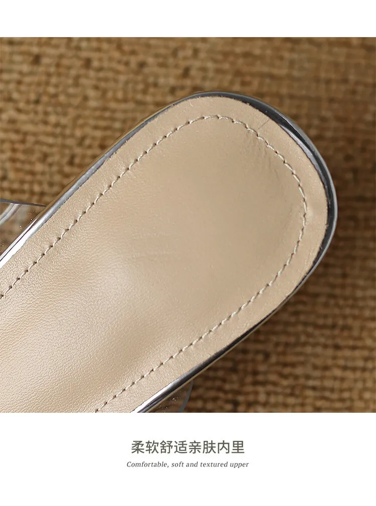 Summer rhinestone chunky heel square toe open-toe crystal sandals, mid-high heeled slippers for women.