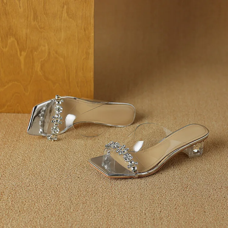 Summer rhinestone chunky heel square toe open-toe crystal sandals, mid-high heeled slippers for women.