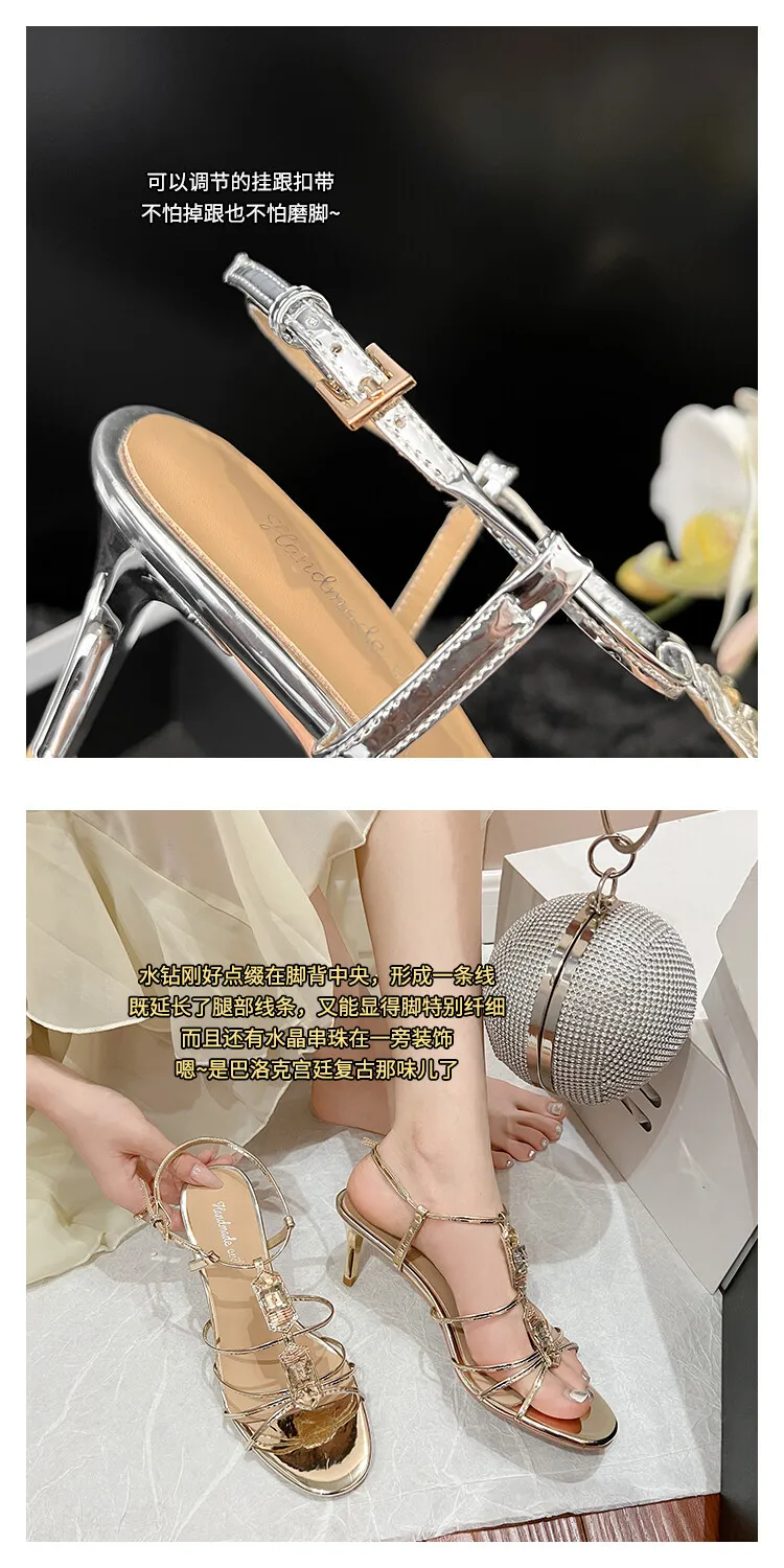 Women's leather high-heeled sandals, summer open-back, silver chunky heel shoes, 4-24k