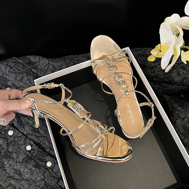 Women's leather high-heeled sandals, summer open-back, silver chunky heel shoes, 4-24k