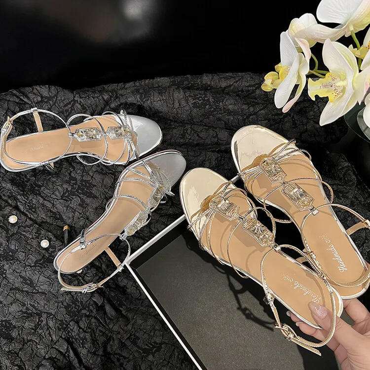 Women's leather high-heeled sandals, summer open-back, silver chunky heel shoes, 4-24k
