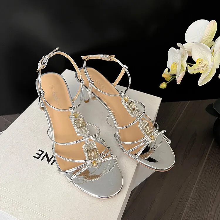 Women's leather high-heeled sandals, summer open-back, silver chunky heel shoes, 4-24k