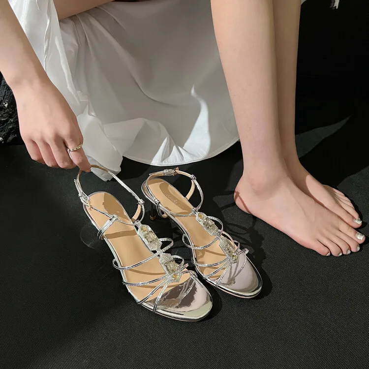 Women's leather high-heeled sandals, summer open-back, silver chunky heel shoes, 4-24k
