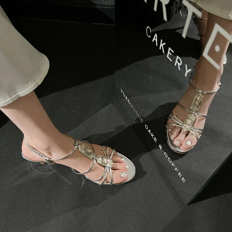 Women's leather high-heeled sandals, summer open-back, silver chunky heel shoes, 4-24k