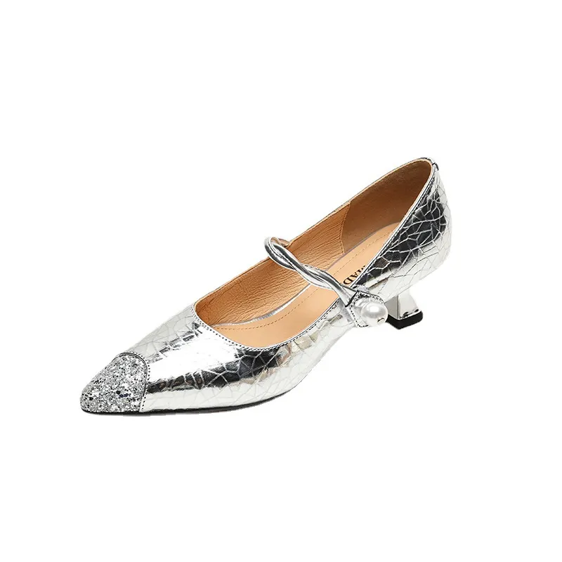 Mary Jane shoes, gold and silver fashion sandals, spring/summer pointed toe, 5cm single strap, pointed toe, kitten heel.