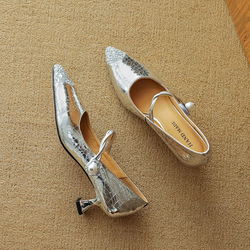 Mary Jane shoes, gold and silver fashion sandals, spring/summer pointed toe, 5cm single strap, pointed toe, kitten heel.