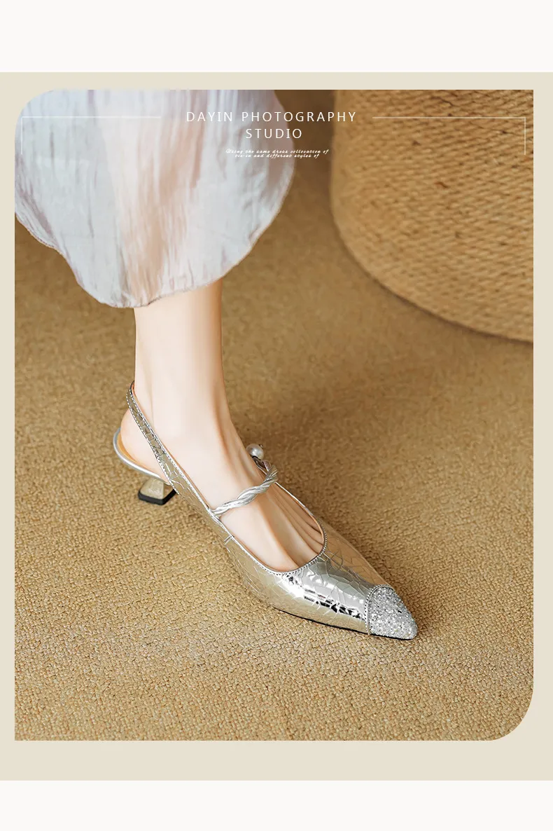 Mary Jane shoes, gold and silver fashion sandals, spring/summer pointed toe, 5cm single strap, pointed toe, kitten heel.